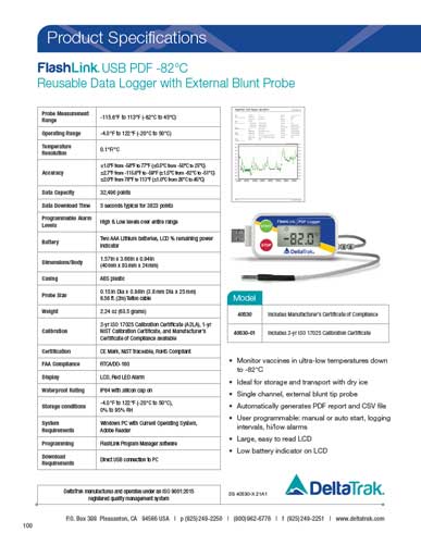 FlashLink USB PDF -80°C带有外部钝尖探头的可重用数据记录器，型号40530